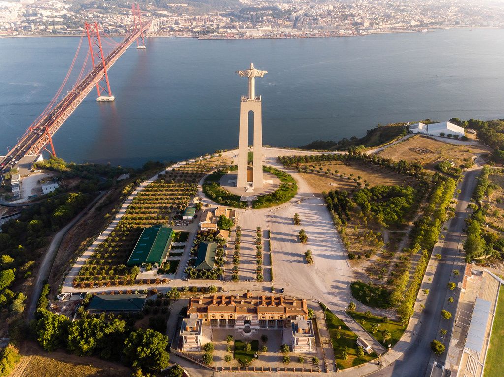 Panorama view of behind to the Cristo Rei monument in Almada Lisbon