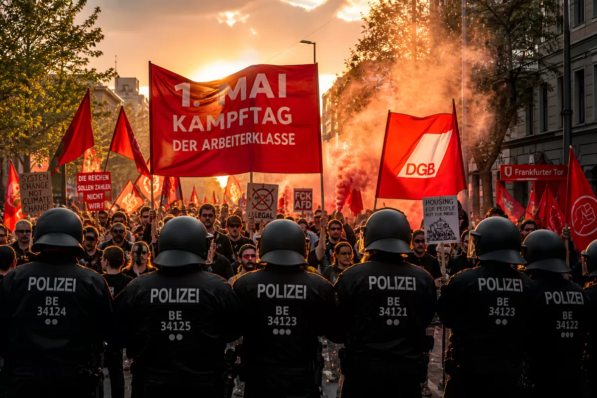 1. Mai Demo in Berlin mit Polizei und DGB-Fahnen