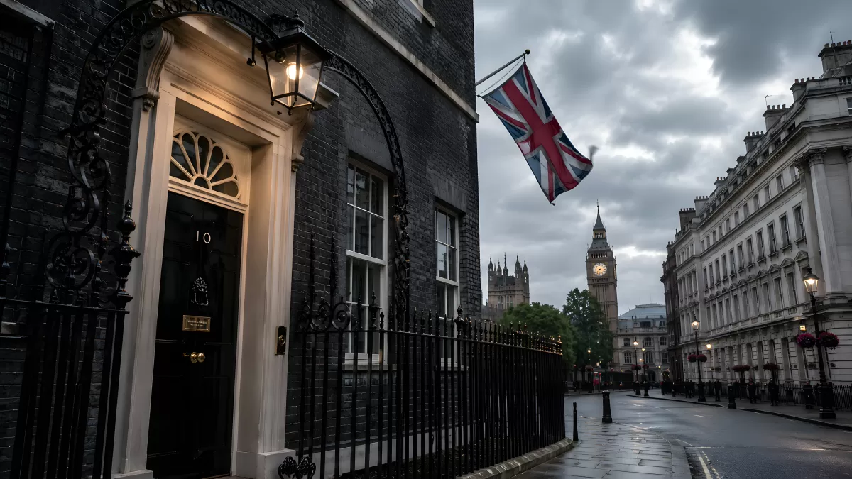 10 Downing Street mit Union Jack und Big Ben