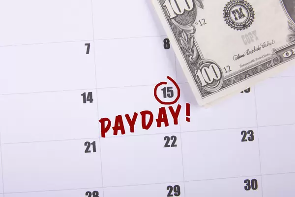 100 dollar banknote and Payday date marked on the calendar