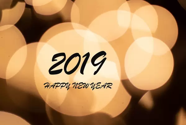 2019 HAPPY NEW YEAR Wunsch in hellen Lichterkegeln vor schwarzem Hintergrund