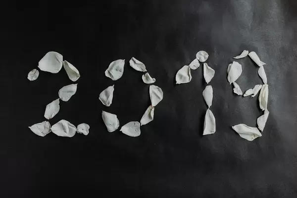 2019 sign written with white rose petals on dark background.
