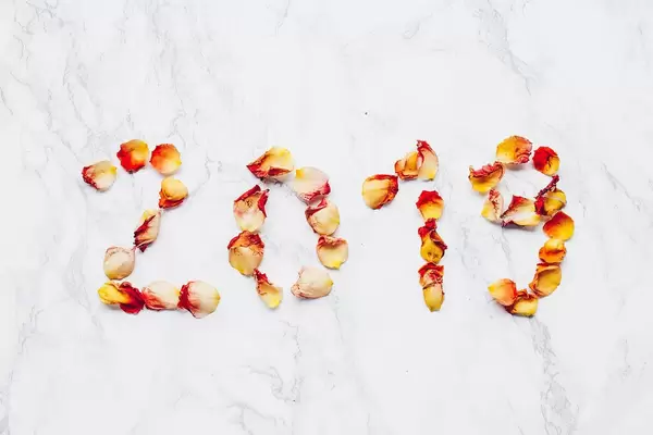 2019 year written with flowers. Rose petals on marble background .