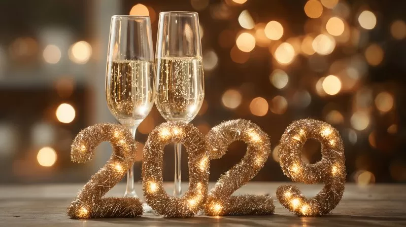 2029 mit glitzernden Zahlen und Sektgläsern auf Tisch