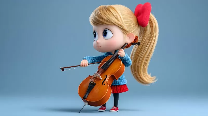 3D cartoon girl playing cello on blue background