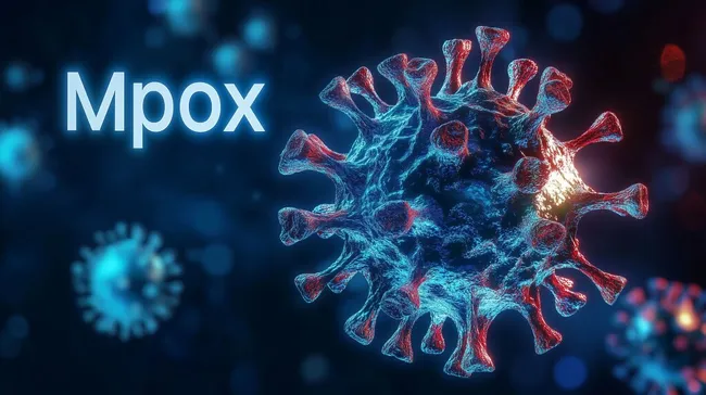 3D-Darstellung des Mpox-Virus in Blautönen