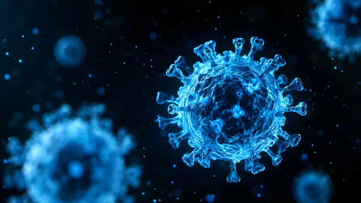 3D-Darstellung eines Coronavirus in Blautönen