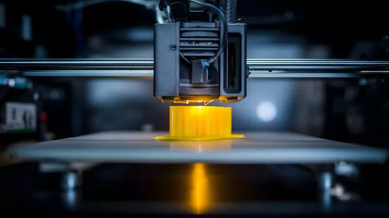 3D Drucker produziert gelbes Kunststoffteil