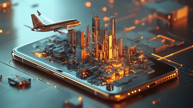 3D-Smartphone mit leuchtender Großstadtlandschaft