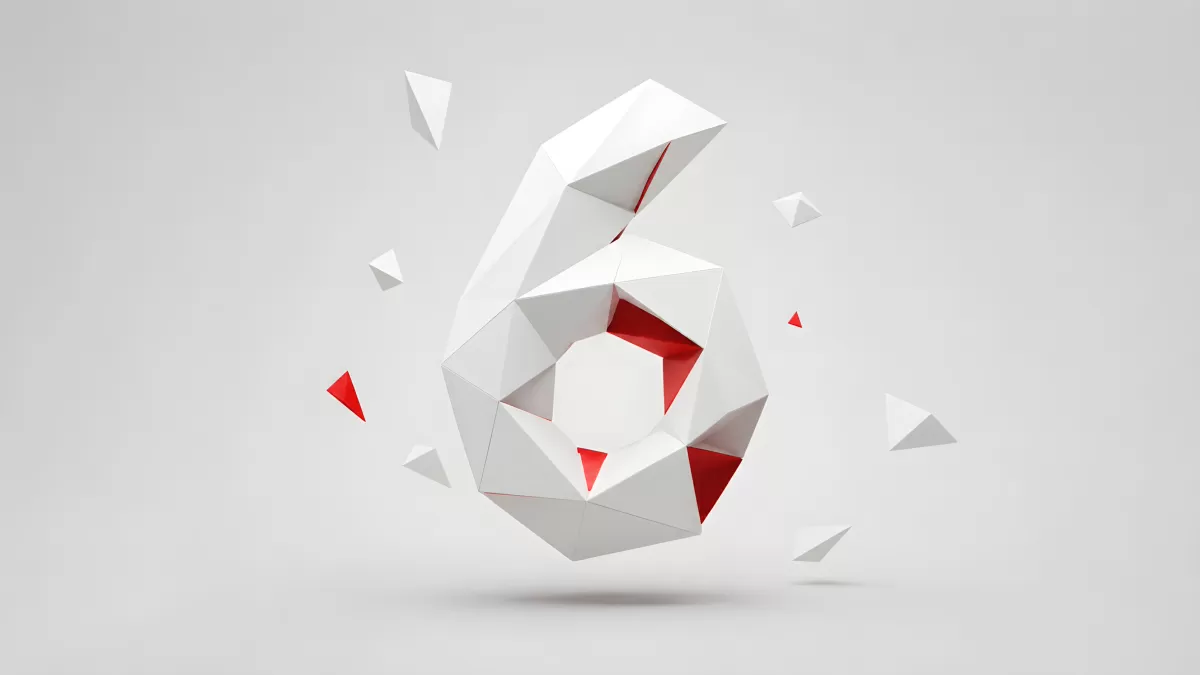 3D-Zahl 6 aus geometrischen Polygonflächen in Weiß-Rot
