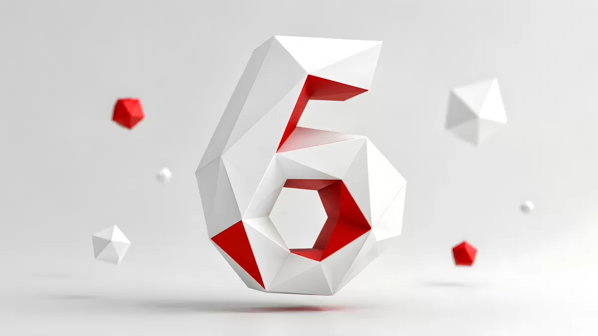 3D-Zahl 6 aus weißen Polygonflächen mit rotem Innenleben