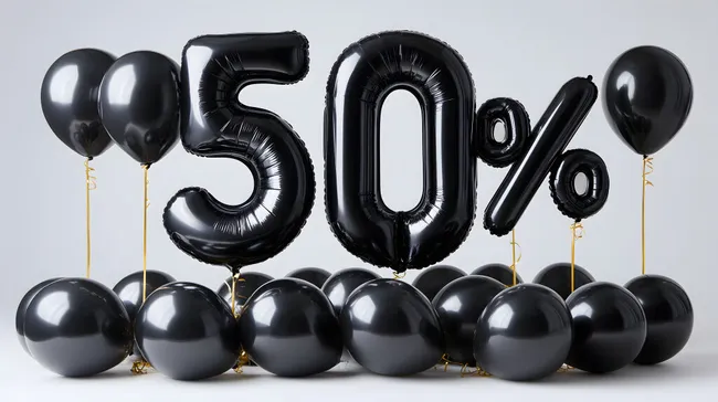 50% Rabatt auf schwarze Heliumballons mit goldenen Schleifen