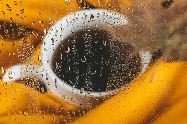 A blurry cup of hot tea outside a wet window in the rain