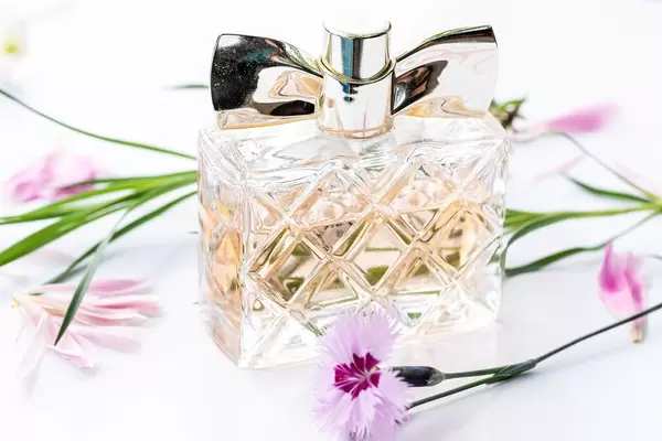 A bottle of women's perfume with pink carnation flower on a white background