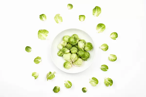 A bowl of brussels sprouts from above