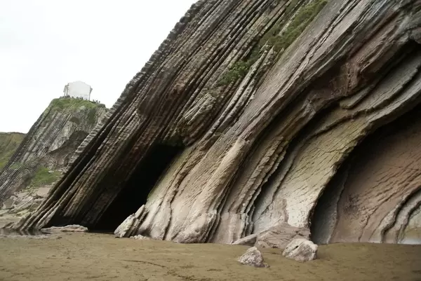 A cave on the beach of Zumaia, with earth layers of Flysh, in Basque country Spain