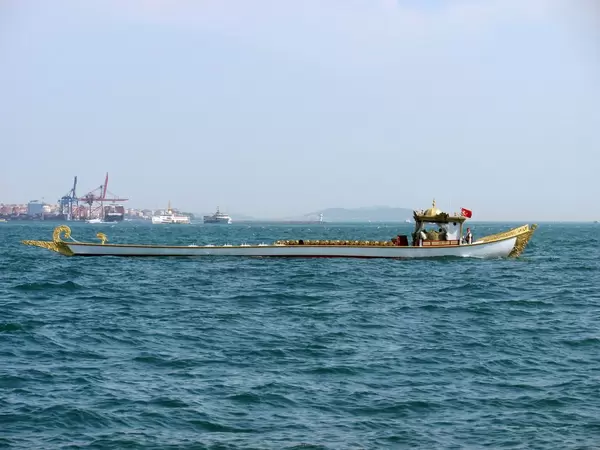 A chinese-style boat making its way through Bosphorus in Istanbul, Turkey