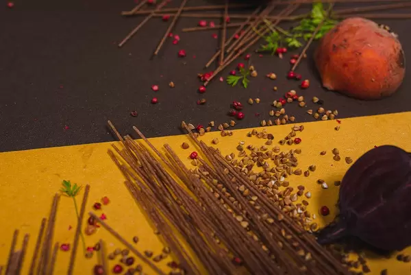 A Composition Of Pasta, Buckwhat, Onion And Pomegranate (Flip 2019)