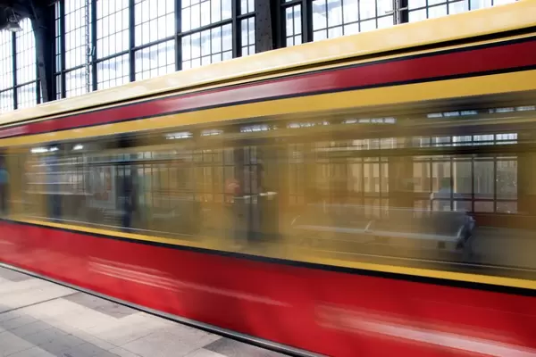 A departng train at the Friedrichstrasse station in Berlin, Germany