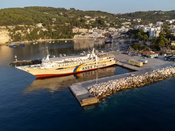 A ferry from Anes Ferries at Patitiri ferry port. Drone capture in the golden morning light