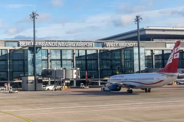 A Georgian Airways Boeing 737-800 parked at the apron area of the new Berlin Brandenburg Airport