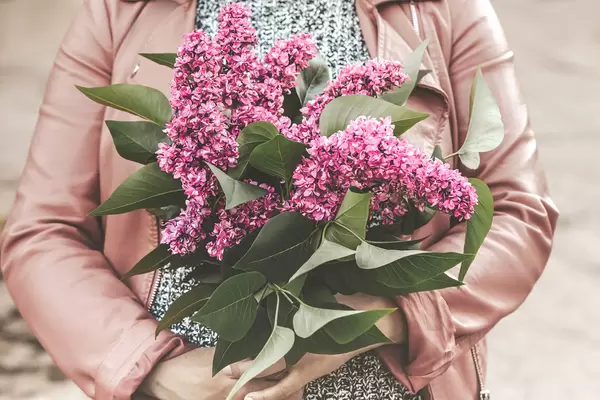 A girl holding a branch of lilac