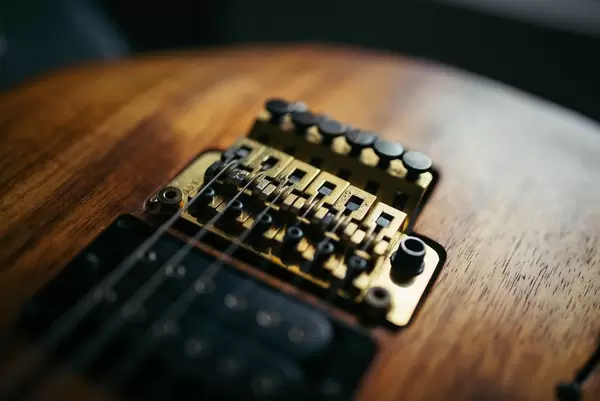 A golden Floyd Rose on an electric guitar  Flip 2019
