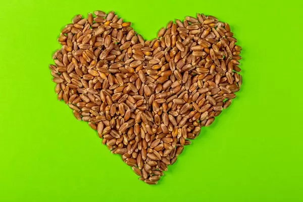A grain of wheat in shape of heart on green background