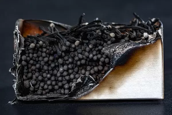 A large burnt-out package of burnt matches