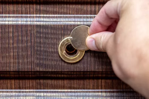 A man's hand opens the peephole on the door (Flip 2019)