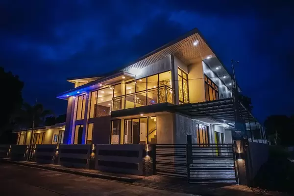 A modern villa with unique lighting fixtures