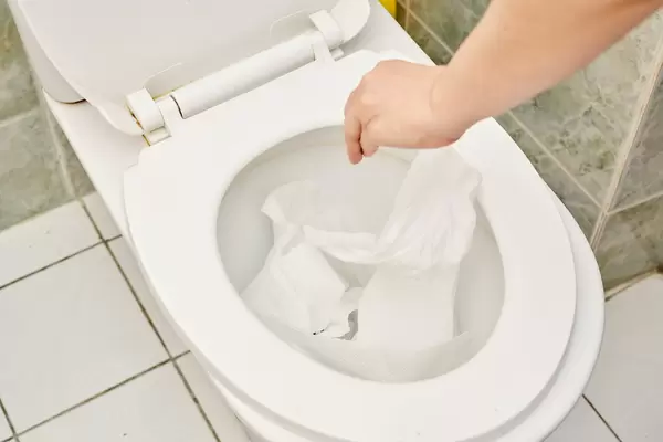 A person throwing toilet papers in the toilet bowl