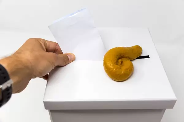 A pile of turd lies on a ballot box while a man votes