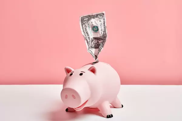 A poor piggy bank with crumpled one dollar banknote