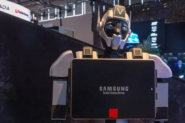 A robot display advertises Samsung Solid State Drive at the Gamescom trade fair in Cologne
