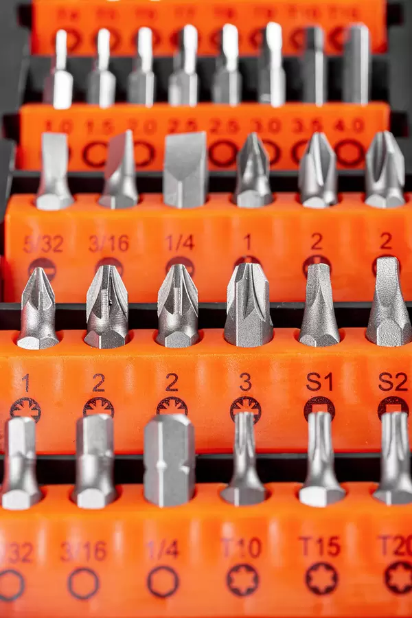 A set of bits of different sizes and shapes for a screwdriver