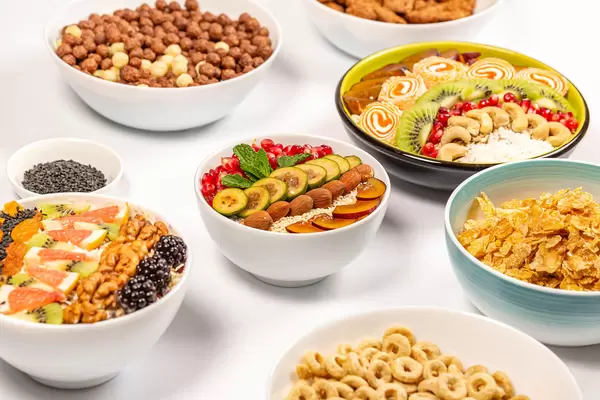 A set of delicious and healthy breakfasts on a white background