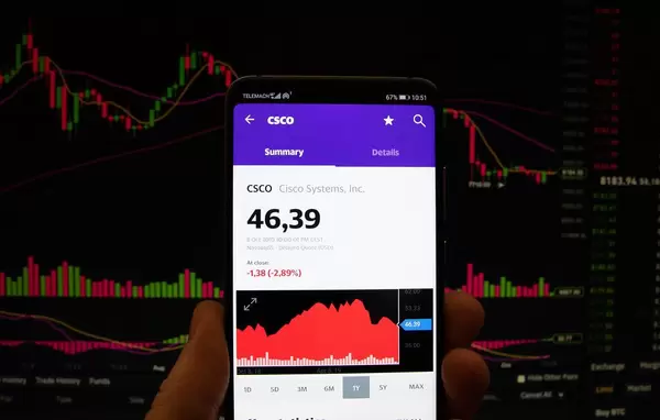 A smartphone displays the Cisco Systems market value
