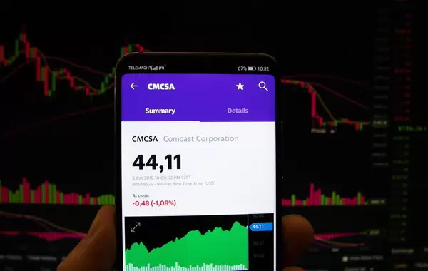 A smartphone displays the Comcast Corporation market value