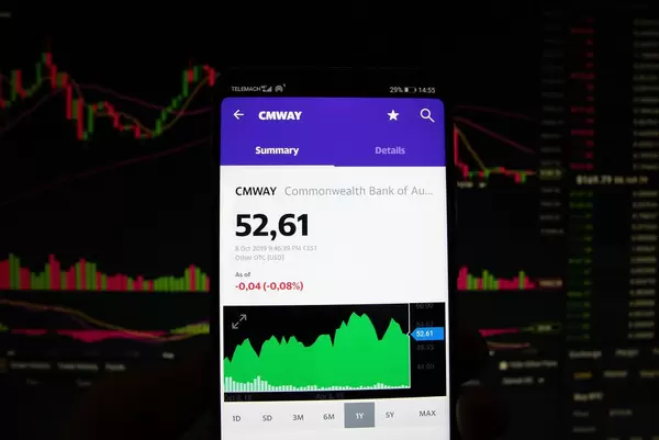 A smartphone displays the Commonwealth Bank of Australia market value