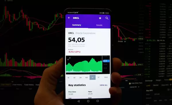 A smartphone displays the Oracle Corporation market value