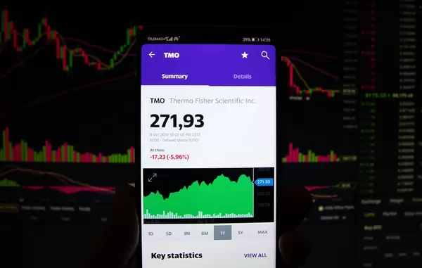 A smartphone displays the Thermo Fisher Sciientific market value