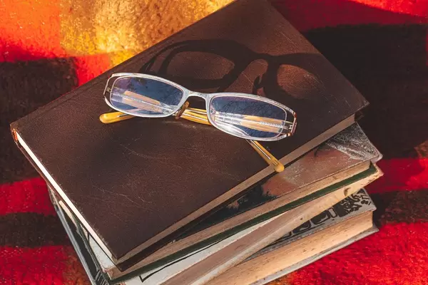 A stack of books and glasses on a blanket. The concept of autumn leisure (Flip 2019)