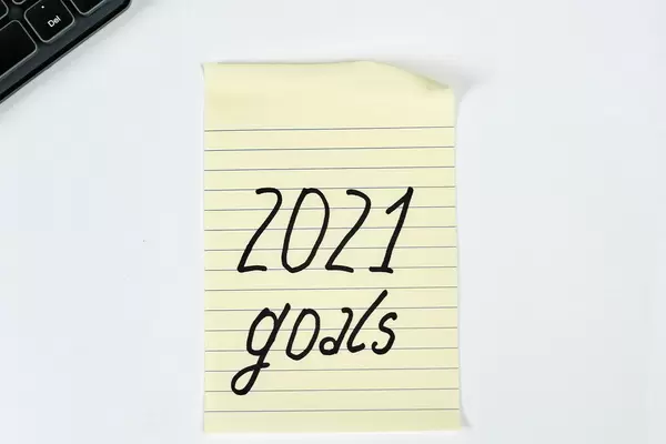 A sticker on white background with words - 2021 goals. New year resolutions