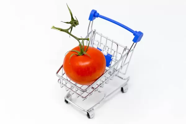 A tomato in a miniature shopping cart