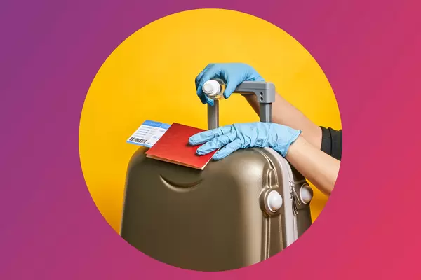 A woman in protective medical gloves traveling alone during coronavirus pandemic