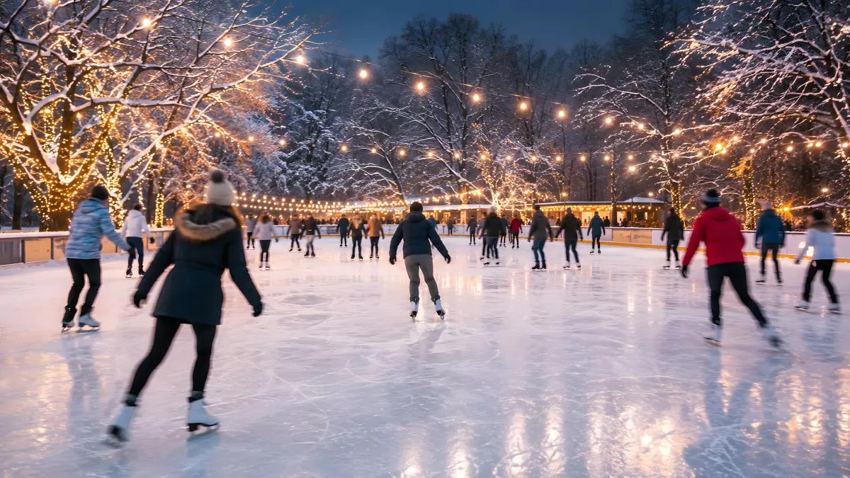 Abendliche Eislaufbahn im winterlichen Park mit Lichterketten