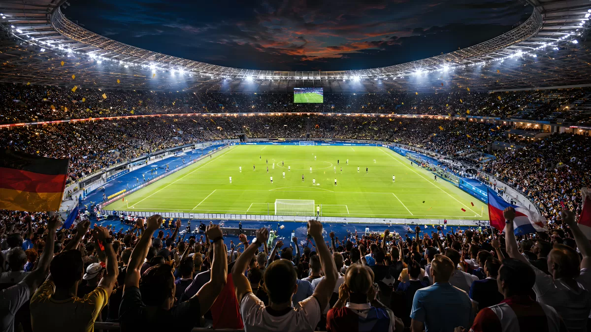 Abendliche Fußballpartie im vollen Stadion