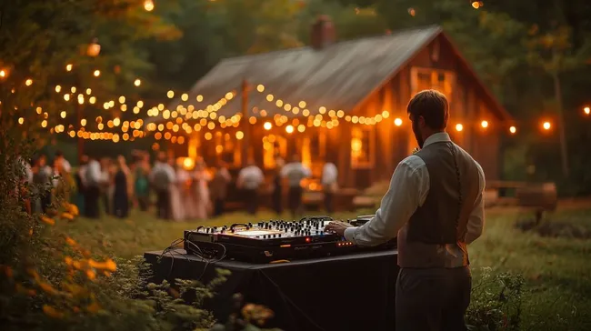 Abendliche Gartenhochzeit mit Lichterketten und DJ-Pult