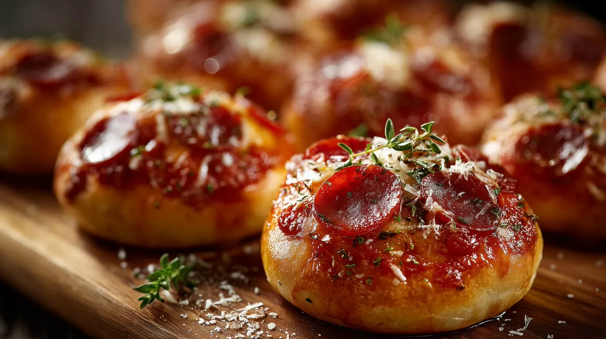 Abendliche Mini Pizza Brötchen mit Pepperoni auf Holzbrett